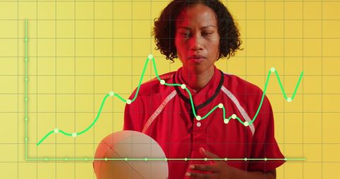 Rugby Player Analyzing Game Data with Futuristic Graph Overlay