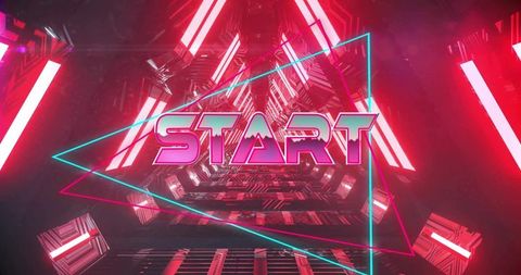 Neon retro start sign over cyberpunk tunnel with triangular neon frames and mirrored floor
