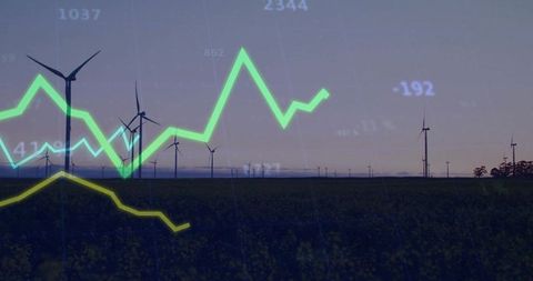 Inspiring Data Visualization Overlay on Wind Farm at Dusk