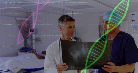 Doctors analyzing x-ray with dna overlay in modern hospital