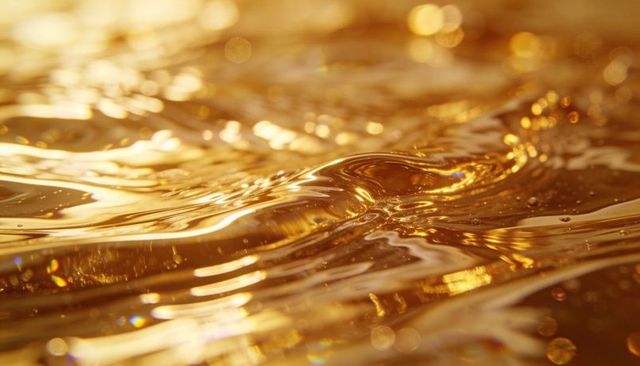 Shimmering golden liquid reflecting light with shallow ripples and glossy bokeh closeup