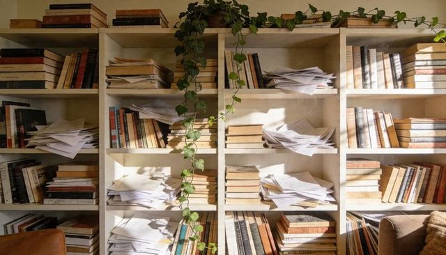 Sunlit bookshelf with stacked books, loose papers and trailing pothos, cozy study