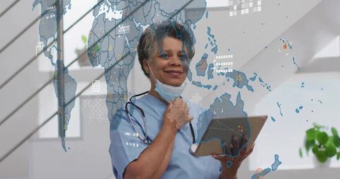Confident Nurse With World Map Overlay Holding Tablet