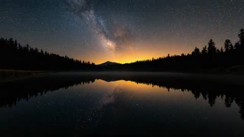 Milky Way Reflecting Over Mountain Lake, Predawn Glow Rising Behind Forested Peak