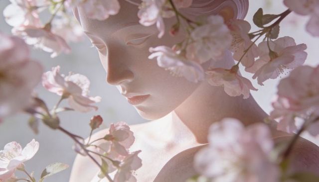 Serene alabaster bust framed by blooming pink cherry blossoms, soft pastel studio