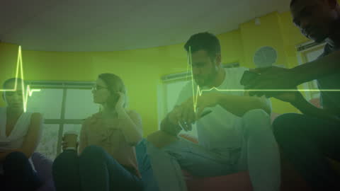 Colleagues in Discussion Overlayed with Heartbeat Display