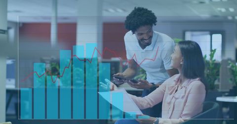 Business Team Analyzing Financial Data with Digital Graph Overlay