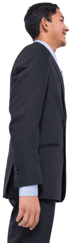 Transparent businessman in suit smiling at contrasting concepts