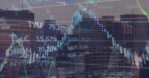 Urban skyline with finance chart overlay