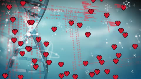 Pixel Hearts and DNA with Code Background - Progress in Biotech