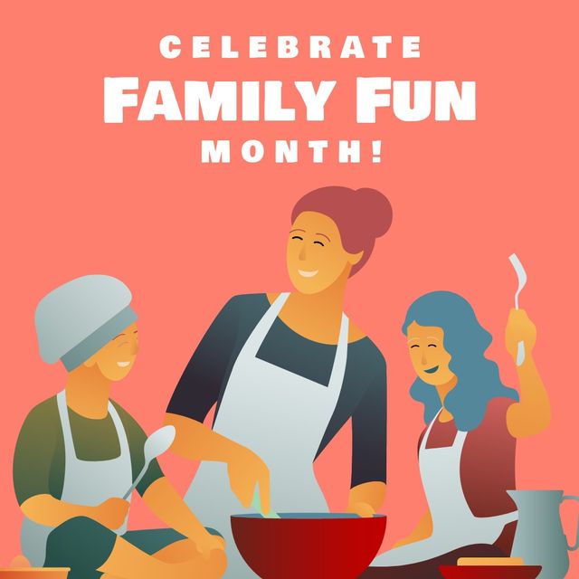 Happy family is cooking together wearing aprons, promoting family connection and bonding during Family Fun Month. Ideal for campaigns encouraging family activities, to add a joyful touch to websites, or for educational materials promoting healthy family habits.