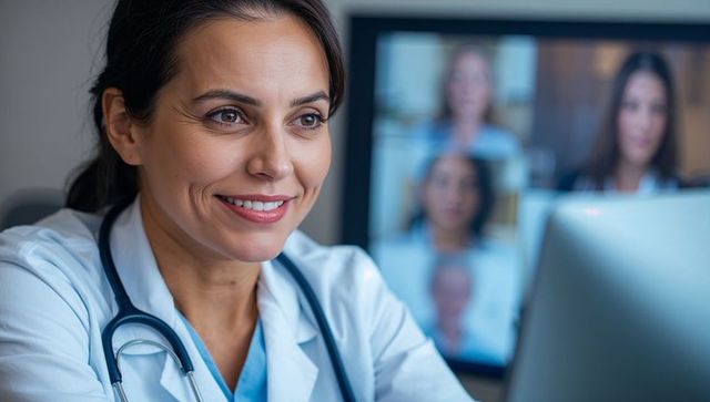 Smiling female doctor consulting remotely with medical team via telemedicine monitor