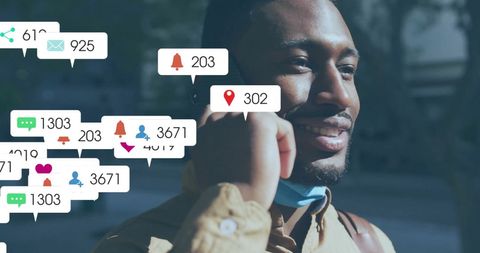 Smiling African American Man with Social Media Notifications Overlay