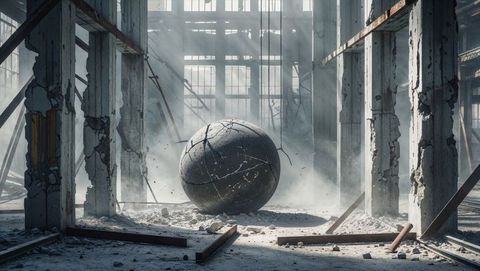 Cracked stone wrecking ball in abandoned industrial factory setting