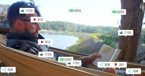 Man Relaxing in Hammock with Book and Digital Engagement Icons