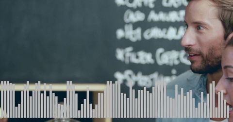 Sharing Conversation in Coffeehouse with Waveform Overlay and Chalkboard Menu