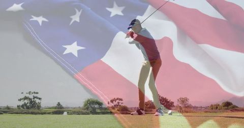 Golfer Swinging with American Flag Overlay on Green Course