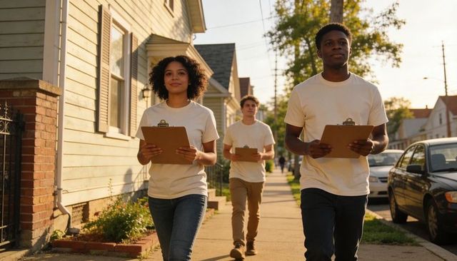 Volunteer canvassing team walking neighborhood holding clipboards and recording responses