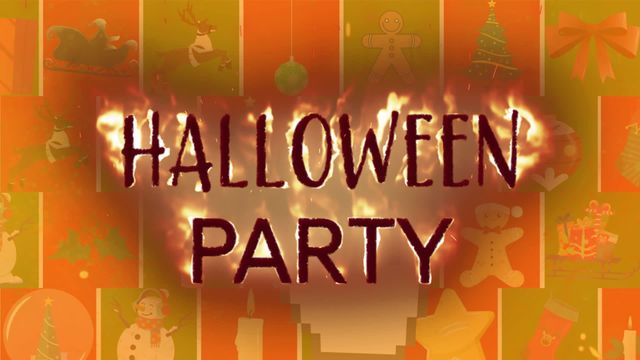 Animated Halloween Party text with a festive orange and green background featuring holiday icons like sleighs, reindeers, snowmen, and Christmas trees. Perfect for promoting Halloween events, party invitations, and themed digital content showcasing seasonal anticipation and celebration.