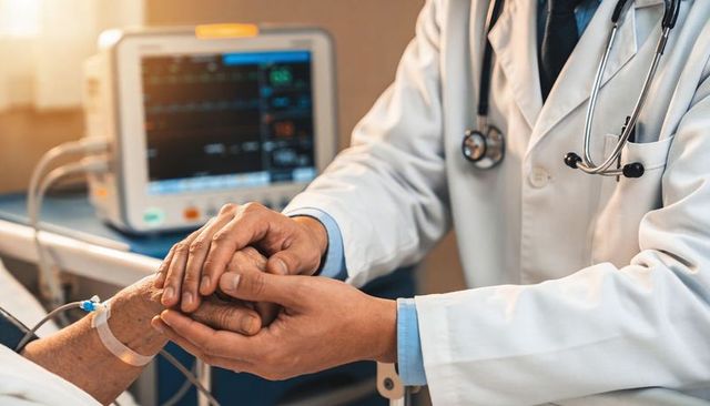 Doctor holding elderly patient hand at hospital bed showing compassion and care