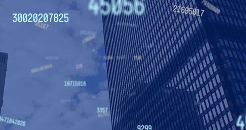 Digital Numbers Falling Over Urban Cityscape in Blue Tint - Download Free Stock Images Pikwizard.com