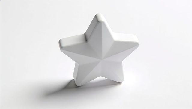Minimalist white 3d five-point star resting on white surface with soft cast shadow