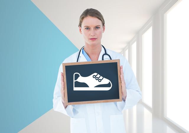 Digital composition of surgeon holding slate with shoe vector sign