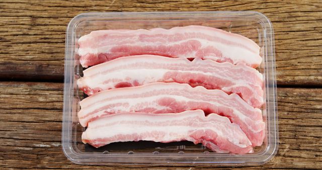 Packaged Raw Bacon Strips on Wooden Surface - Download Free Stock Images Pikwizard.com