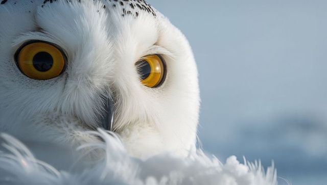 Snowy owl close-up showing amber eyes and white plumage on arctic tundra
