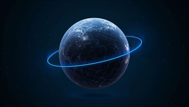 Glowing digital globe with neon orbital ring, lit continents and holographic gridlines