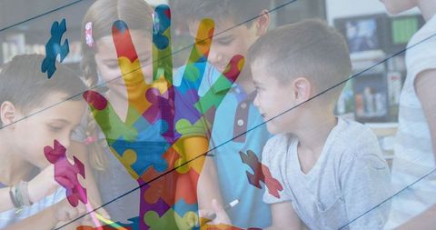 Diverse Children Learning with Autism Awareness Symbol