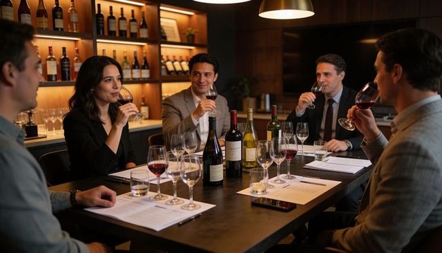 Colleagues tasting wine in private cellar during corporate sommelier-led tasting event