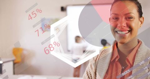 African american female teacher with data-overlay on screen