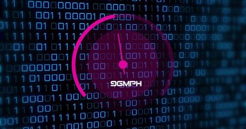 Magenta digital speed gauge over binary matrix showing 96mph neon cyber telemetry panel