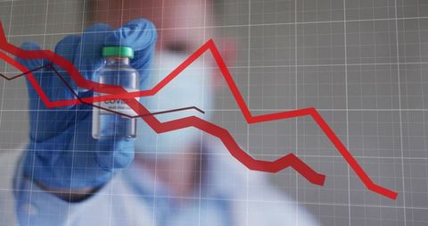 Holding gloved hand presenting COVID vaccine vial with falling red economic graph overlay