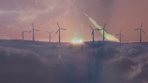 Wind Turbines in Sunrise with Network Connection Overlay Concept