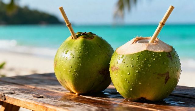 Sitting green coconuts with bamboo straws on weathered table by turquoise ocean