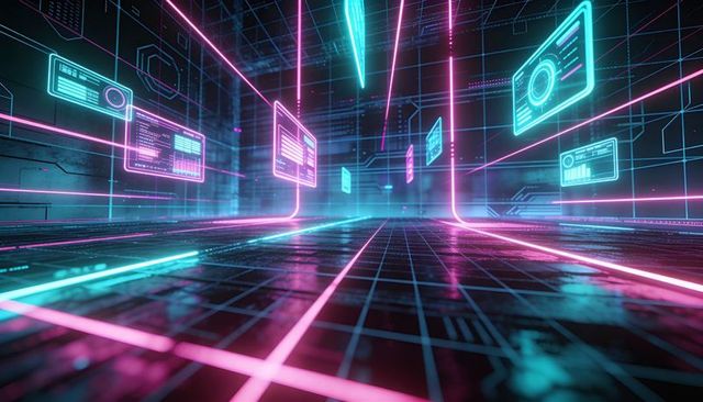 Neon Cyber Grid Corridor with Floating Holographic UI Panels in Futuristic Virtual Reality Network
