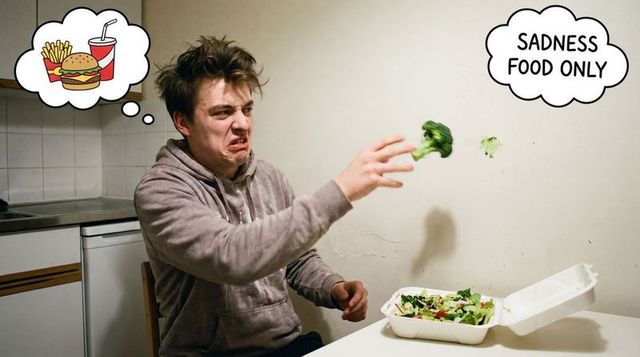Young man flinging broccoli while craving fast food and showing sadness food only thought bubble