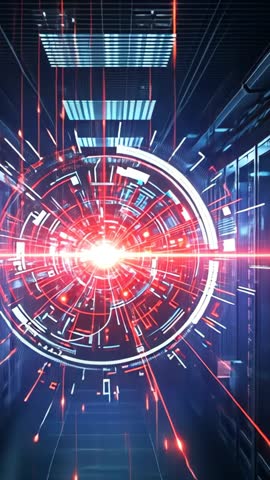 Futuristic Data Core Projecting Red Laser Rings Through Server Corridor Vertical Tech Footage