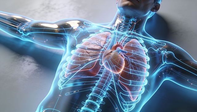 Translucent adult male torso revealing glowing heart and lungs 3d medical rendering