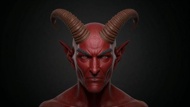 Intricate Demonic Figure with Ram Horns and Intense Gaze
