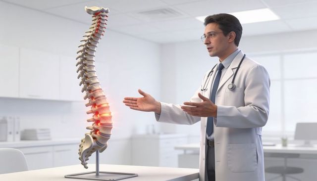 Doctor demonstrating lumbar spine model in clinic highlighting lower back pain