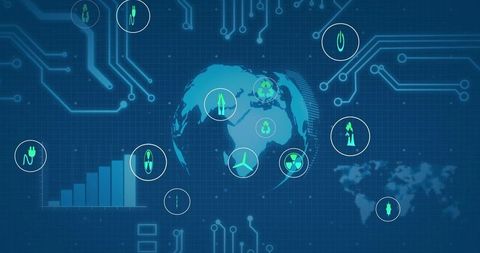 Futuristic Digital Globe with Sustainable Energy Icons