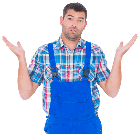 Transparent Handsome Handyman in Plaid Shirt and Overalls with I Don't Know Gesture - Download Free Stock Videos Pikwizard.com