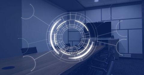 Hovering futuristic holographic HUD over corporate conference table in modern boardroom