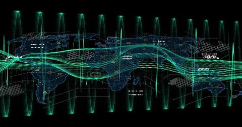 Streaming Neon Data Ribbons Crossing Digital World Map with Pulsing Waveforms and Hex Grids