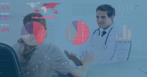 Caucasian Doctor Consulting Patient with Medical Infographics Overlay