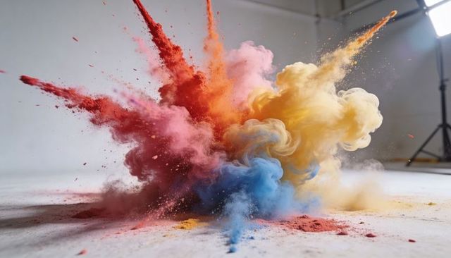 Vibrant Color Powder Explosion Creating Red Orange Yellow Blue Smoke and Dust Burst
