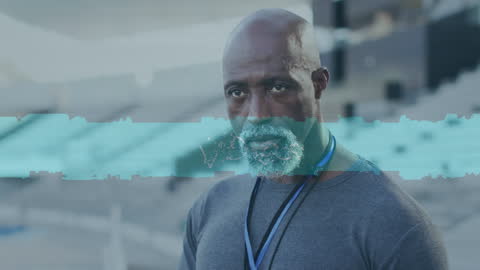 Senior Coach Against Digital Glitch Background